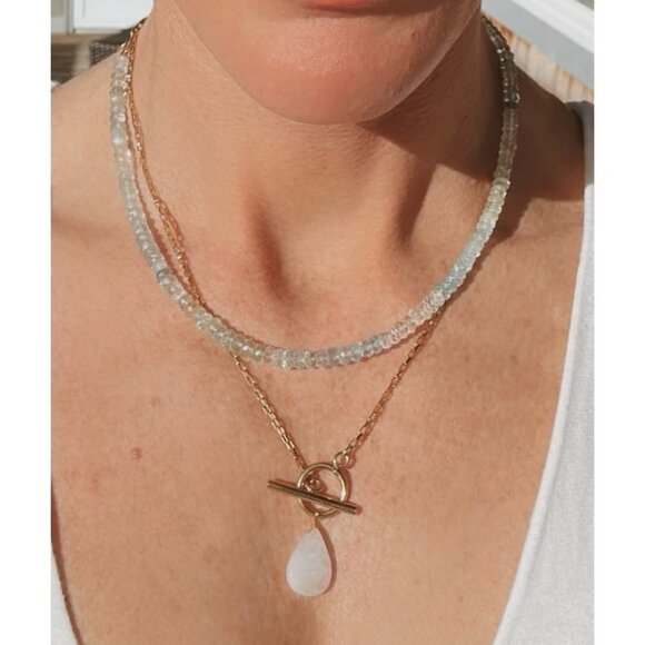Stunning Moonstone Pendant Necklace 18K WATERPROOF Gold Chain with Toggle Clasp - Picture 11 of 12